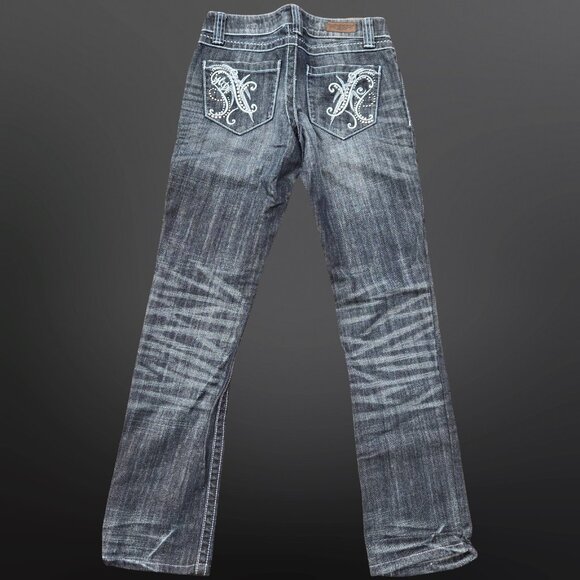 Y2K Harley Davidson Straight Leg Jeans Size 0 Black Embroidered Pockets Low Rise - Picture 1 of 13